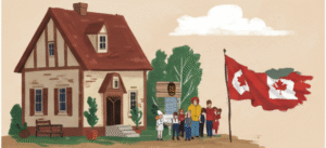 A collage representing Canadian immigration with a maple leaf