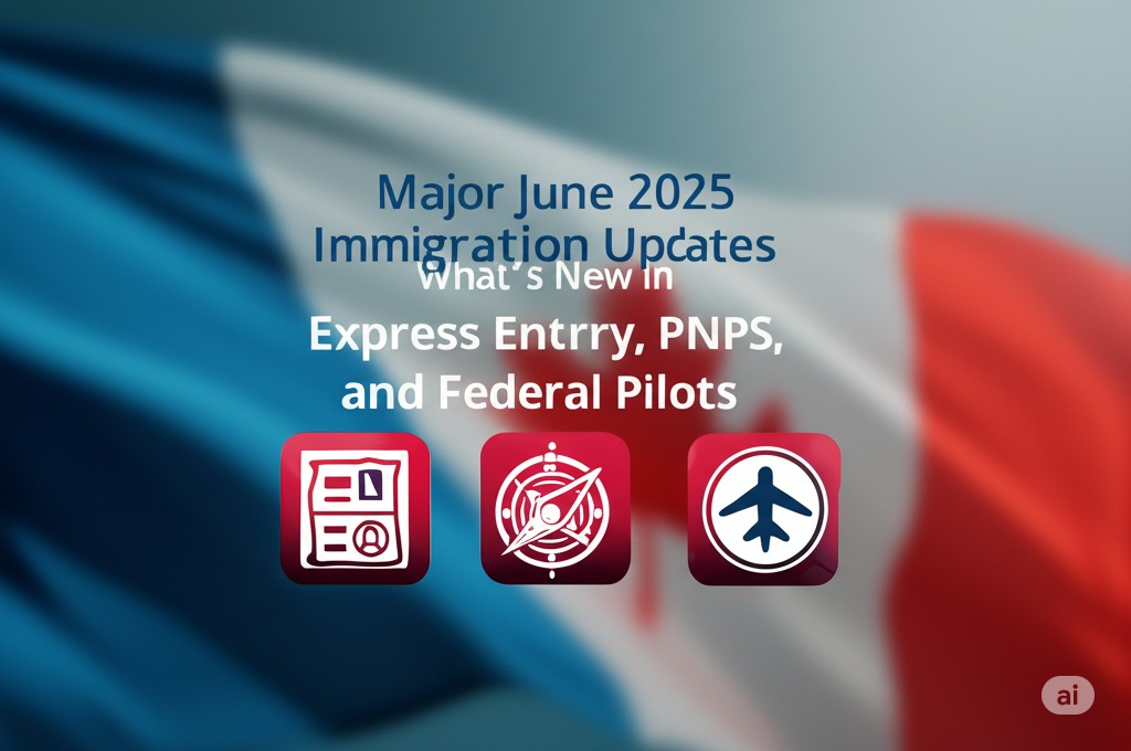 Immigration update graphic with Canadian flag and symbols
