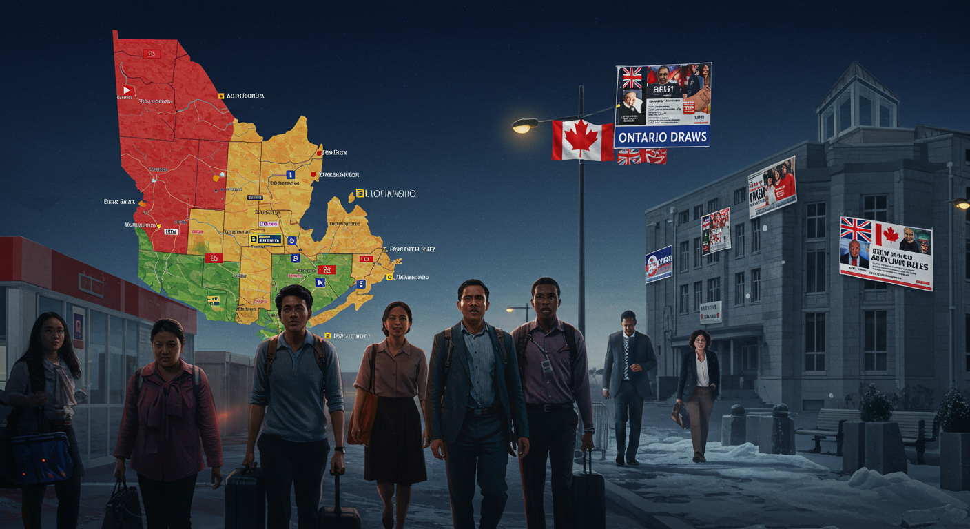 Image illustrating Canadian Immigration News themes: Ontario Draws, Express Entry Buzz, and New Asylum Rules.